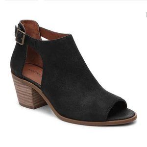 Lucky Brand Bannah Black Genuine Leather Peep Toe Cut Out Heeled Bootie